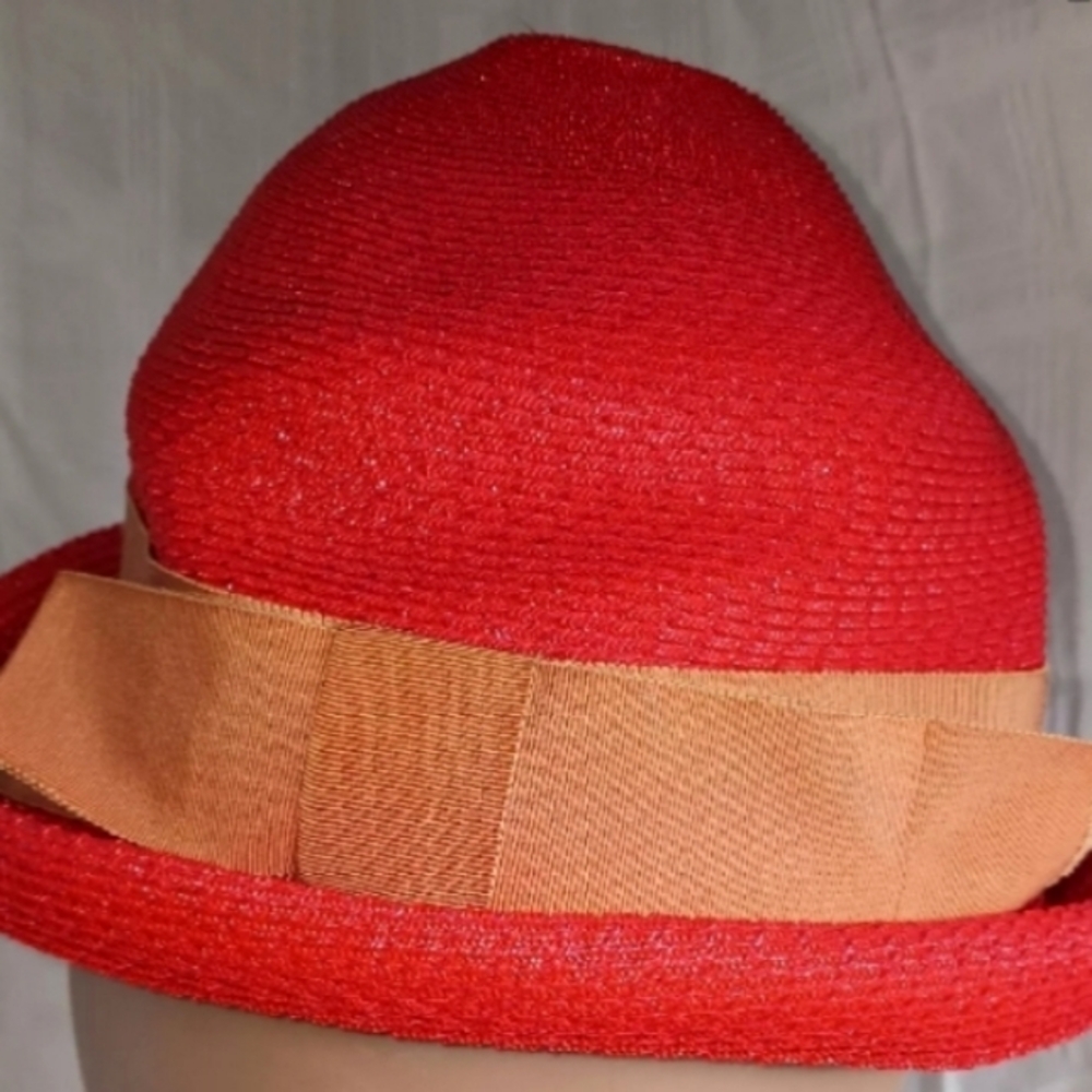 1950's Betmar Red Straw Hat With Orange Ribbon - Picture 10 of 13